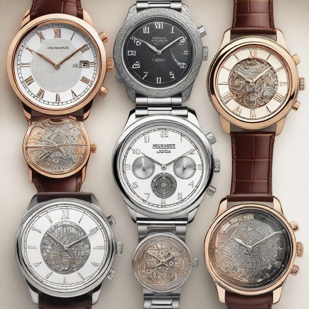 A high-resolution digital art image showcasing a variety of watch designs