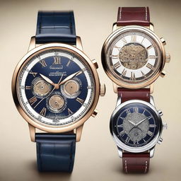 A high-resolution digital art image showcasing a variety of watch designs