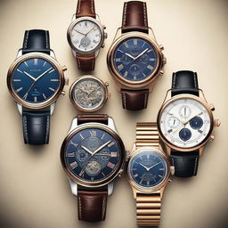 A high-resolution digital art image showcasing a variety of watch designs