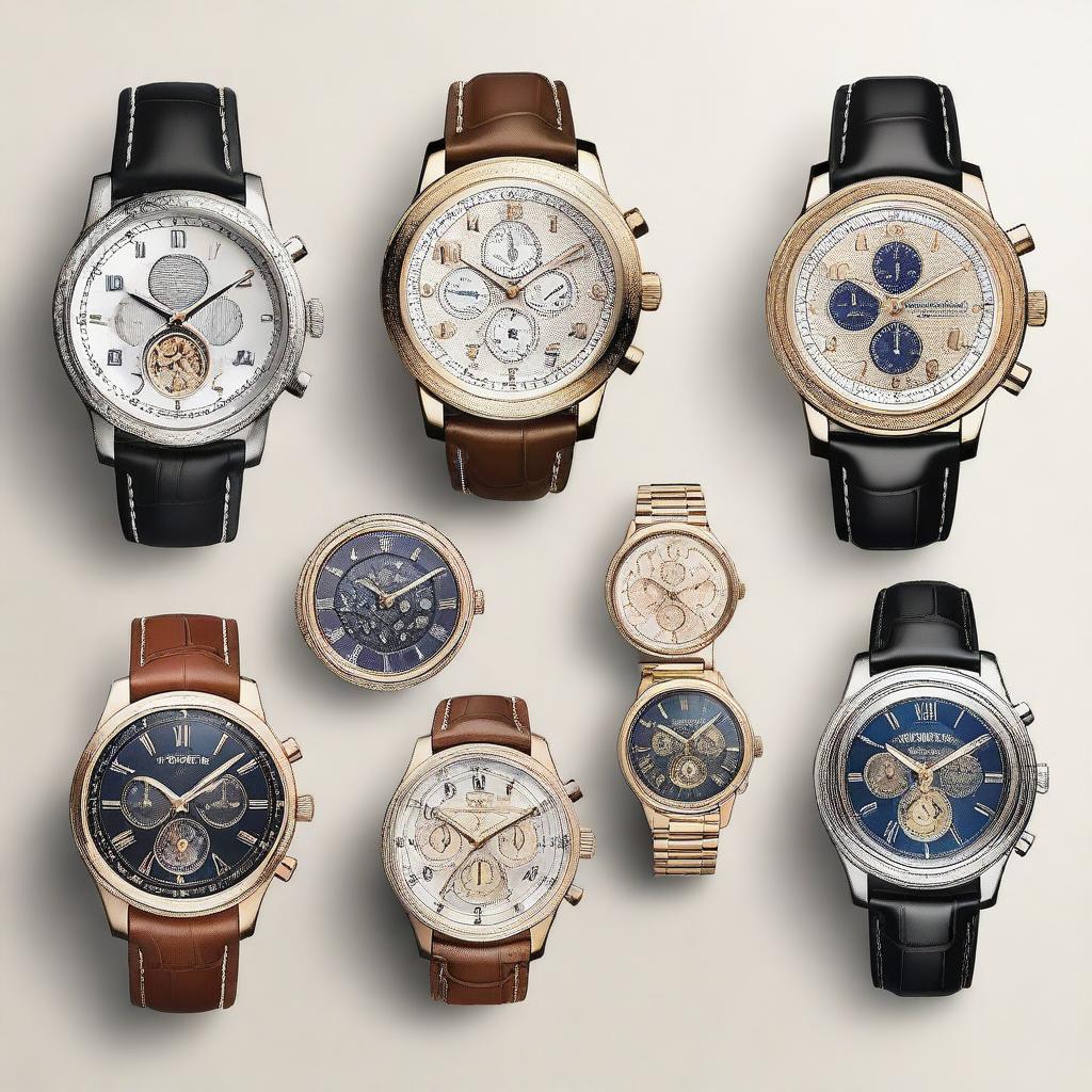 A high-resolution digital art image showcasing a variety of watch designs