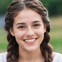 A cheerful 20-year-old individual with long, braided brown hair, small striking hazel eyes, and an ivory skin tone, radiantly smiling to reveal charming dimples.