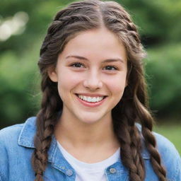 A cheerful 20-year-old individual with long, braided brown hair, small striking hazel eyes, and an ivory skin tone, radiantly smiling to reveal charming dimples.