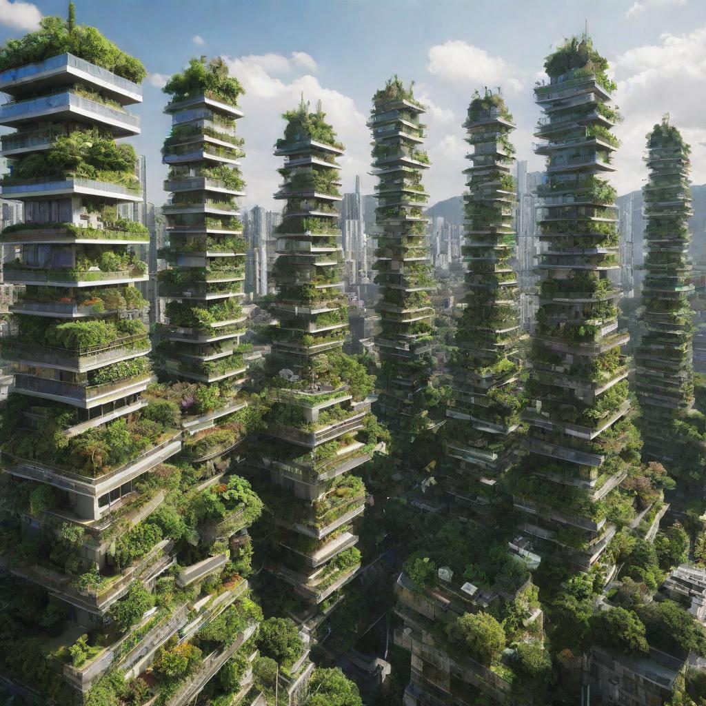 A vibrant image of a Greenpunk City, showcasing urban architecture harmoniously integrated with lush vegetation, renewable energy sources, and eco-friendly technology.