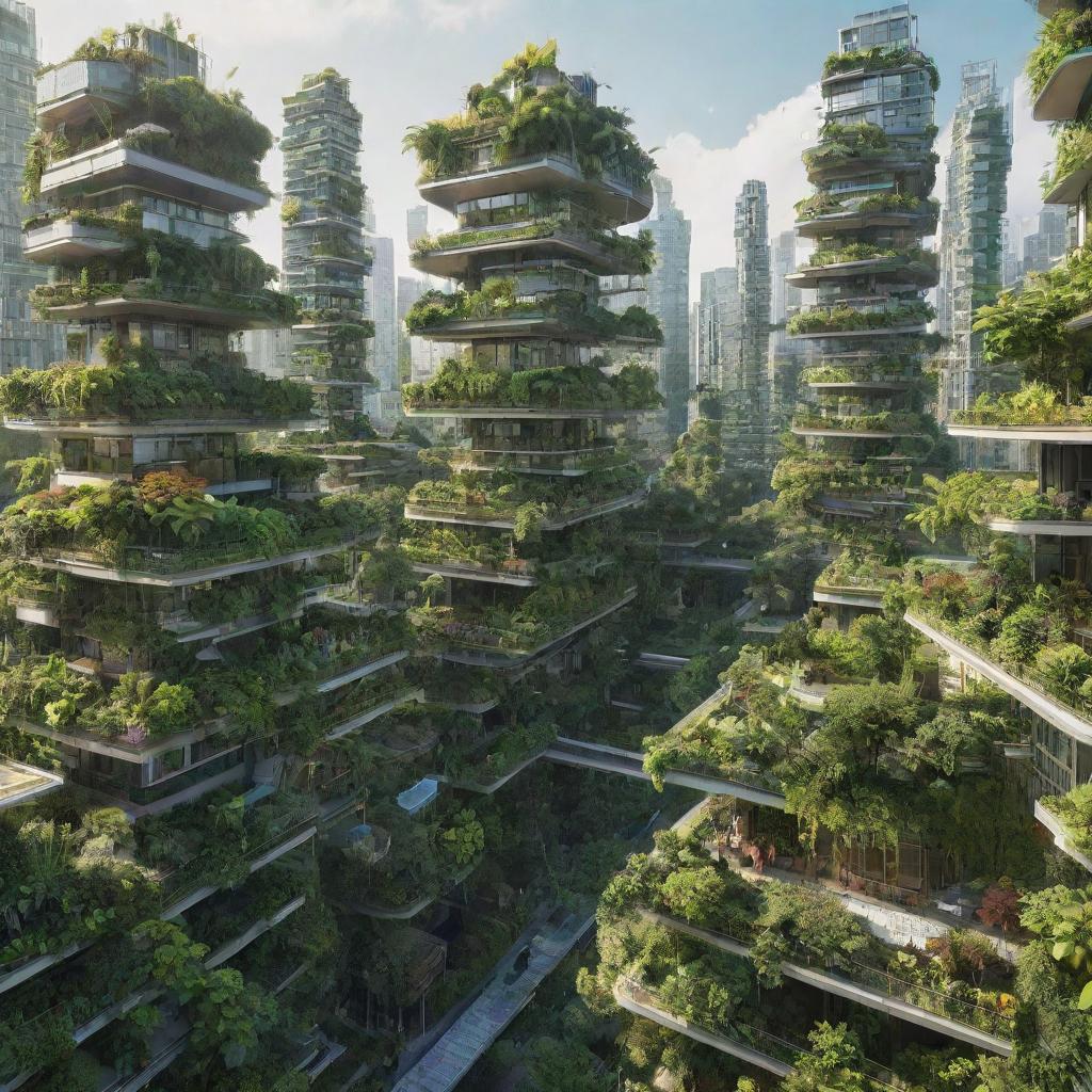 A vibrant image of a Greenpunk City, showcasing urban architecture harmoniously integrated with lush vegetation, renewable energy sources, and eco-friendly technology.