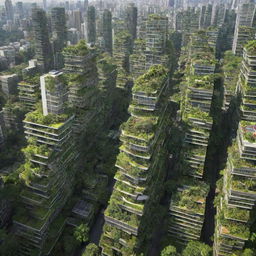 A vibrant image of a Greenpunk City, showcasing urban architecture harmoniously integrated with lush vegetation, renewable energy sources, and eco-friendly technology.