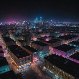 An arresting image of a Nightpunk city, where the urban landscape and architecture come alive after dark with vibrant, neon colors against a pitch-black sky.