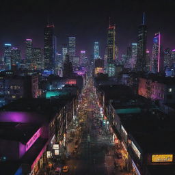 An arresting image of a Nightpunk city, where the urban landscape and architecture come alive after dark with vibrant, neon colors against a pitch-black sky.