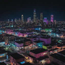 An arresting image of a Nightpunk city, where the urban landscape and architecture come alive after dark with vibrant, neon colors against a pitch-black sky.