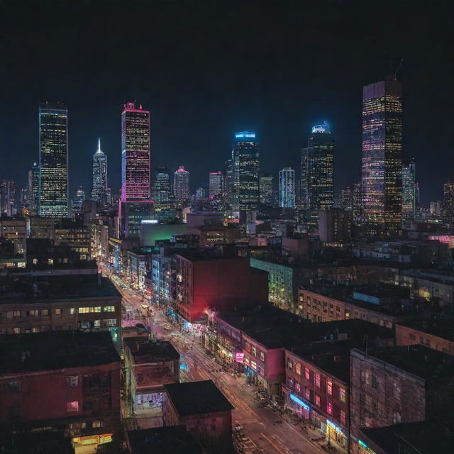 An arresting image of a Nightpunk city, where the urban landscape and architecture come alive after dark with vibrant, neon colors against a pitch-black sky.