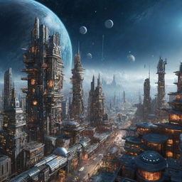 An imaginative image of a Spacepunk city, filled with futuristic buildings, high-tech space travel elements, and set against the backdrop of a star-spangled cosmos.