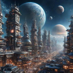 An imaginative image of a Spacepunk city, filled with futuristic buildings, high-tech space travel elements, and set against the backdrop of a star-spangled cosmos.