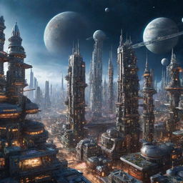 An imaginative image of a Spacepunk city, filled with futuristic buildings, high-tech space travel elements, and set against the backdrop of a star-spangled cosmos.