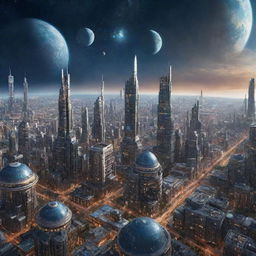 An imaginative image of a Spacepunk city, filled with futuristic buildings, high-tech space travel elements, and set against the backdrop of a star-spangled cosmos.