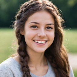 A 20-year-old individual radiating warmth with her toothless smile revealing charming dimples, small striking hazel eyes, a complexion of ivory, and long, braided brown hair.