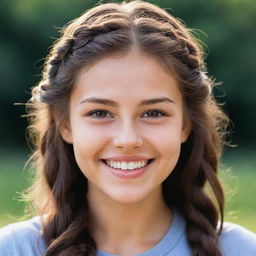 A 20-year-old individual radiating warmth with her toothless smile revealing charming dimples, small striking hazel eyes, a complexion of ivory, and long, braided brown hair.