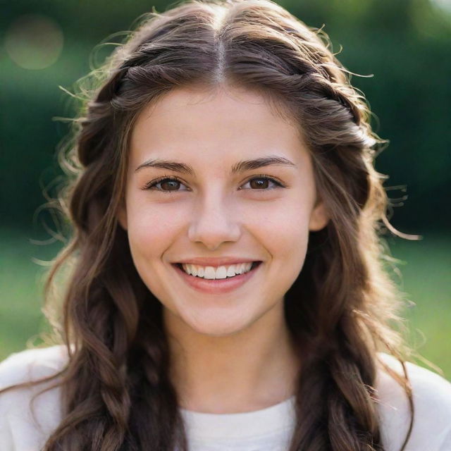 A 20-year-old individual radiating warmth with her toothless smile revealing charming dimples, small striking hazel eyes, a complexion of ivory, and long, braided brown hair.