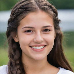 A 20-year-old individual radiating warmth with her toothless smile revealing charming dimples, small striking hazel eyes, a complexion of ivory, and long, braided brown hair.