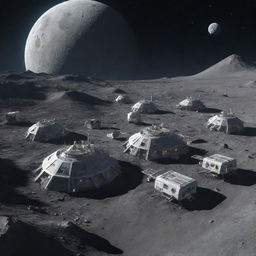 An image of a Moonpunk city, set up on the crater-filled surface of the moon, featuring high-tech lunar habitations and lunar modules.