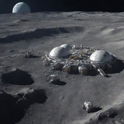 An image of a Moonpunk city, set up on the crater-filled surface of the moon, featuring high-tech lunar habitations and lunar modules.