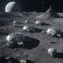 An image of a Moonpunk city, set up on the crater-filled surface of the moon, featuring high-tech lunar habitations and lunar modules.