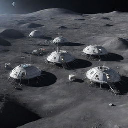 An image of a Moonpunk city, set up on the crater-filled surface of the moon, featuring high-tech lunar habitations and lunar modules.