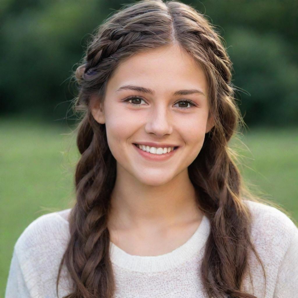 A shy 20-year-old individual with a warm, toothless smile revealing charming dimples, small striking hazel eyes, ivory skin tone, and long, braided brown hair.