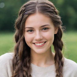 A shy 20-year-old individual with a warm, toothless smile revealing charming dimples, small striking hazel eyes, ivory skin tone, and long, braided brown hair.