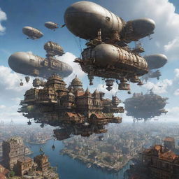 An image depicting an Airpunk city, filled with floating buildings, airships, and suspended walkways, set against a backdrop of the open, cloud-filled sky.