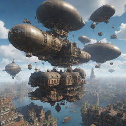 An image depicting an Airpunk city, filled with floating buildings, airships, and suspended walkways, set against a backdrop of the open, cloud-filled sky.