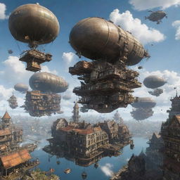 An image depicting an Airpunk city, filled with floating buildings, airships, and suspended walkways, set against a backdrop of the open, cloud-filled sky.