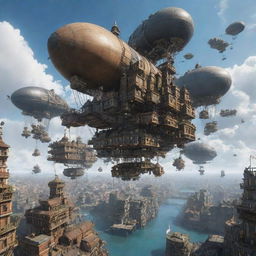 An image depicting an Airpunk city, filled with floating buildings, airships, and suspended walkways, set against a backdrop of the open, cloud-filled sky.