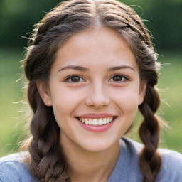 A shy and cute 20-year-old individual with a warm, toothless smile revealing charming dimples, small striking hazel eyes, ivory skin tone, and long, braided brown hair.