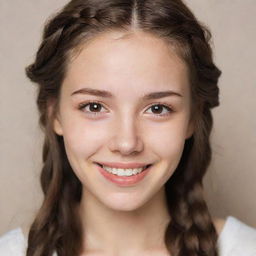 A shy and adorable 20-year-old individual radiating warmth with a closed-mouth smile revealing charming dimples, small hazel eyes, ivory skin tone, and long, braided brown hair.