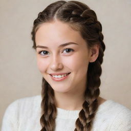 A shy and adorable 20-year-old individual radiating warmth with a closed-mouth smile revealing charming dimples, small hazel eyes, ivory skin tone, and long, braided brown hair.