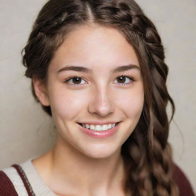 A shy and adorable 20-year-old individual radiating warmth with a closed-mouth smile revealing charming dimples, small hazel eyes, ivory skin tone, and long, braided brown hair.