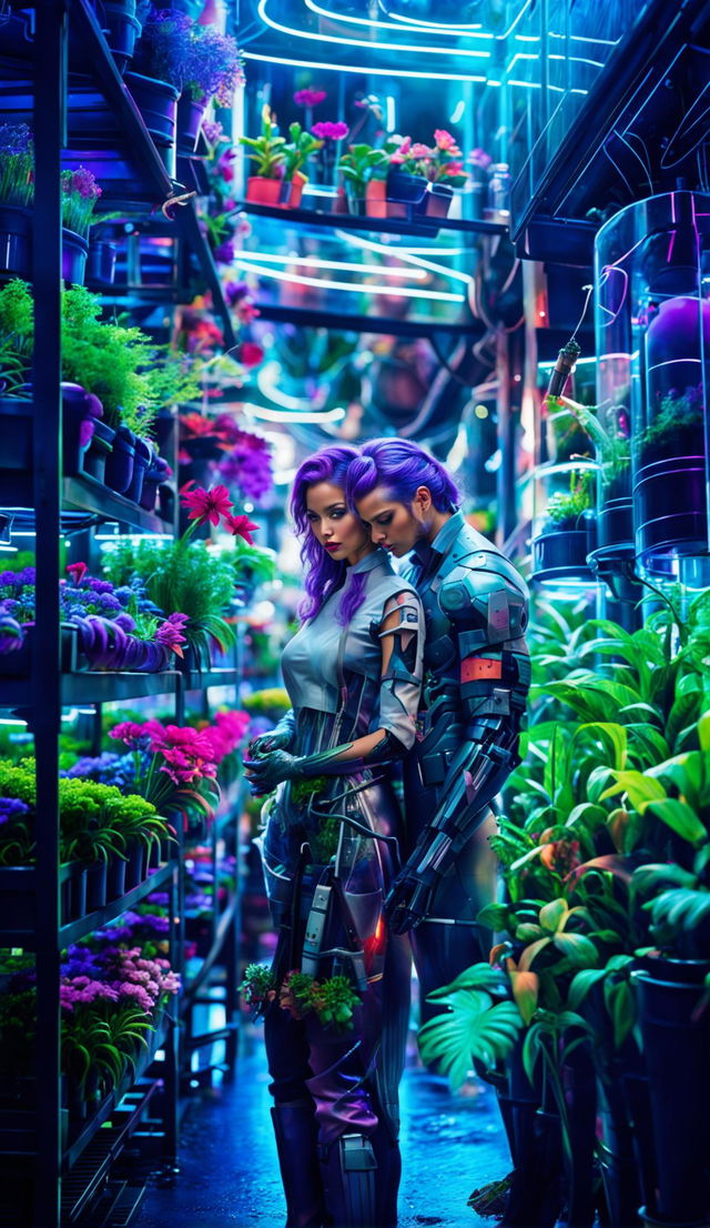 A beautiful cyborg florist with purple hair, full Cupid's bow lips, and glass arm revealing mechanical and plant innards in her hydroponic flower shop welcomes a handsome cyborg man.