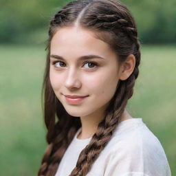 A shy and cute 20-year-old individual with long, braided brown hair, small striking hazel eyes, an ivory skin tone, highlighted by charming dimples.