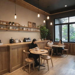 A cozy, well-lit café by the name of 'Lian', with contemporary interior design elements, fine wooden furniture, customers enjoying their coffee, and a warm inviting ambiance.