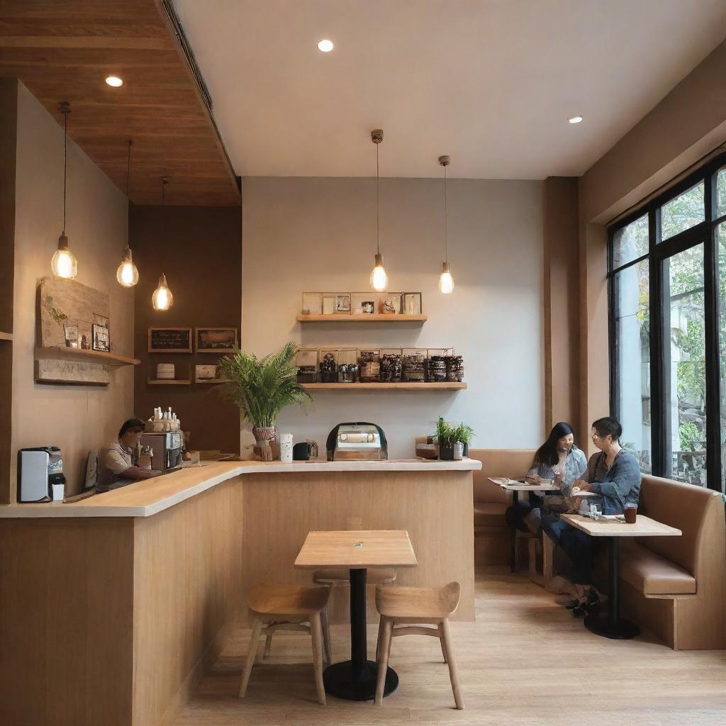 A cozy, well-lit café by the name of 'Lian', with contemporary interior design elements, fine wooden furniture, customers enjoying their coffee, and a warm inviting ambiance.