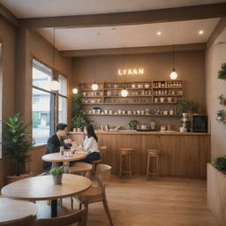 A cozy, well-lit café by the name of 'Lian', with contemporary interior design elements, fine wooden furniture, customers enjoying their coffee, and a warm inviting ambiance.