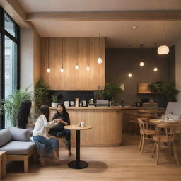 A cozy, well-lit café by the name of 'Lian', with contemporary interior design elements, fine wooden furniture, customers enjoying their coffee, and a warm inviting ambiance.