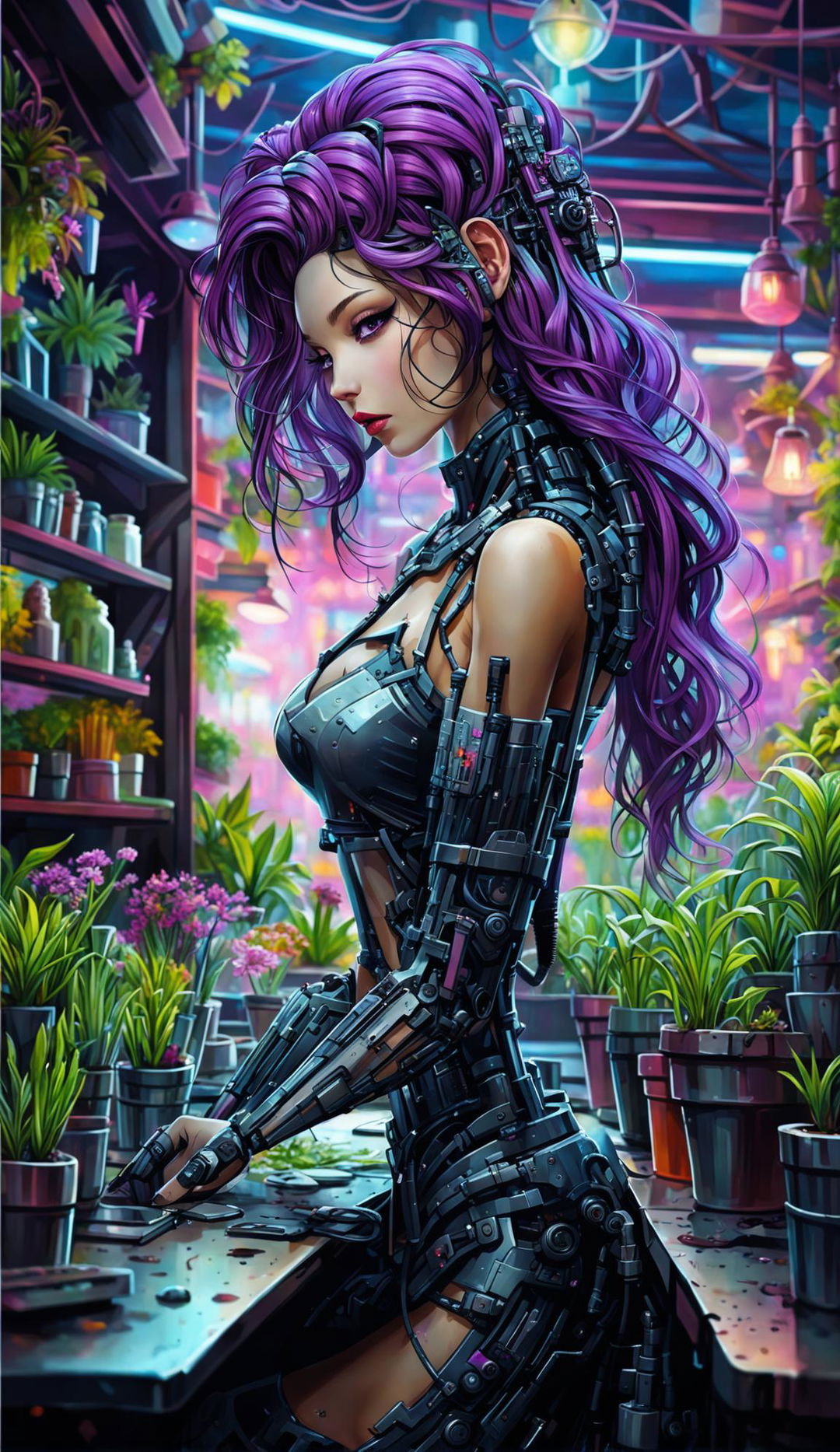 A cyberpunk cyborg florist with long purple hair and full Cupid's bow lips stands in her small city shop. Parts of her body are made of glass, revealing mechanical components and plants growing within.