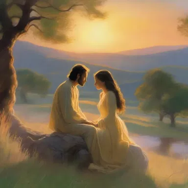As the sun begins to rise, casting a warm glow over the landscape, the lovers share a tender moment under the enchanting presence of the Daystar.