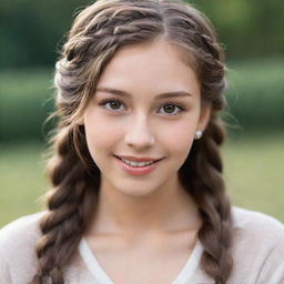 A shy and cute 20-year-old with a diamond-shaped face, small, striking hazel eyes, long, braided brown hair, an ivory skin tone, accentuated by charming dimples.