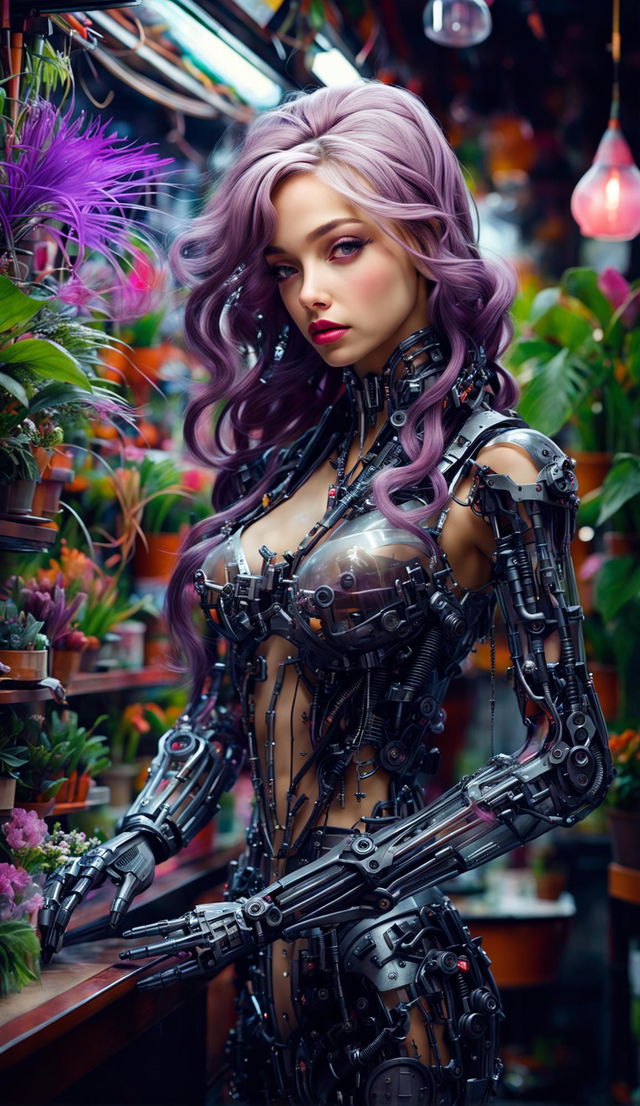 A cyberpunk cyborg florist with long purple hair and full Cupid's bow lips stands in her small city shop. Her arm is made of glass, revealing mechanical components and plants inside.