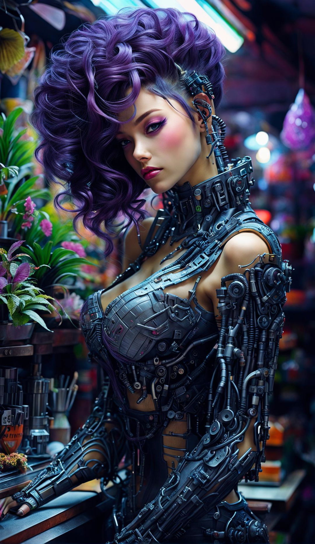 A cyberpunk cyborg florist with dark, thick, loosely curled purple hair and full Cupid's bow lips stands in her small city shop. Her arm is made of glass, revealing mechanical components and plants inside.