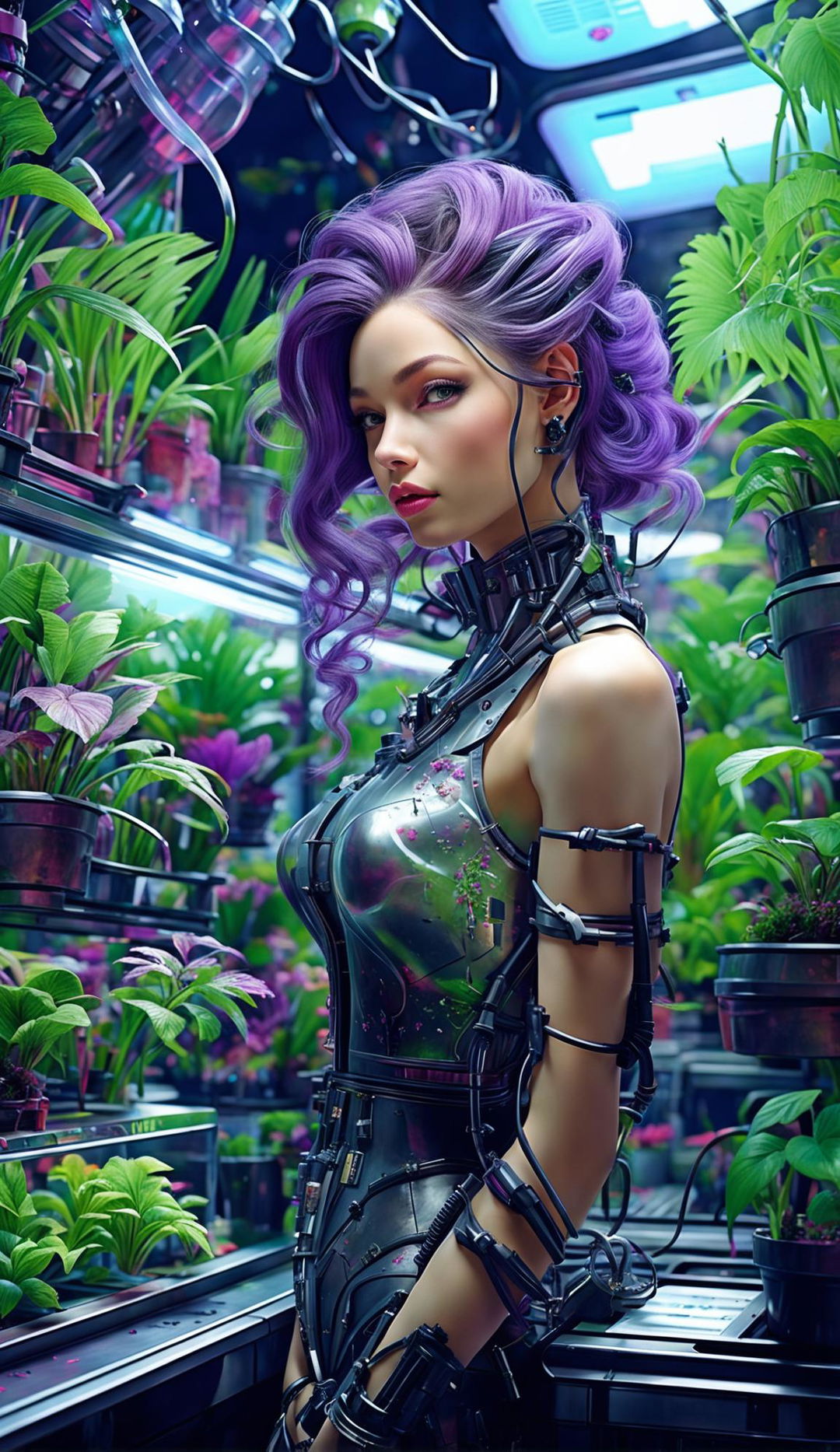 A classically beautiful cyberpunk cyborg florist with vibrant purple hair stands in her small city shop filled with a hydroponic plant system. Her arm is made of glass, revealing mechanical components and plants inside.