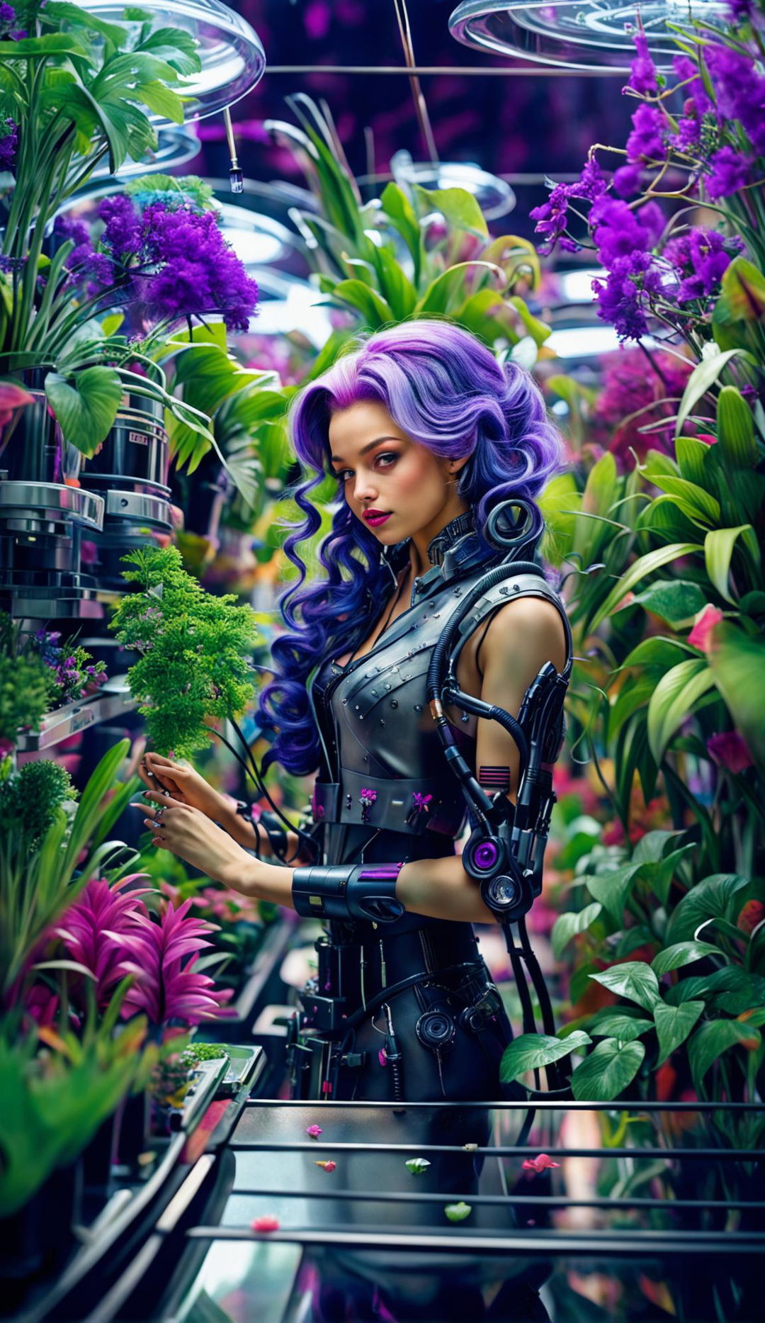 A classically beautiful cyberpunk cyborg florist with vibrant purple hair tends to vibrant blooms in her small city shop filled with a hydroponic plant system. Her arm is made of glass, revealing mechanical components and plants inside.