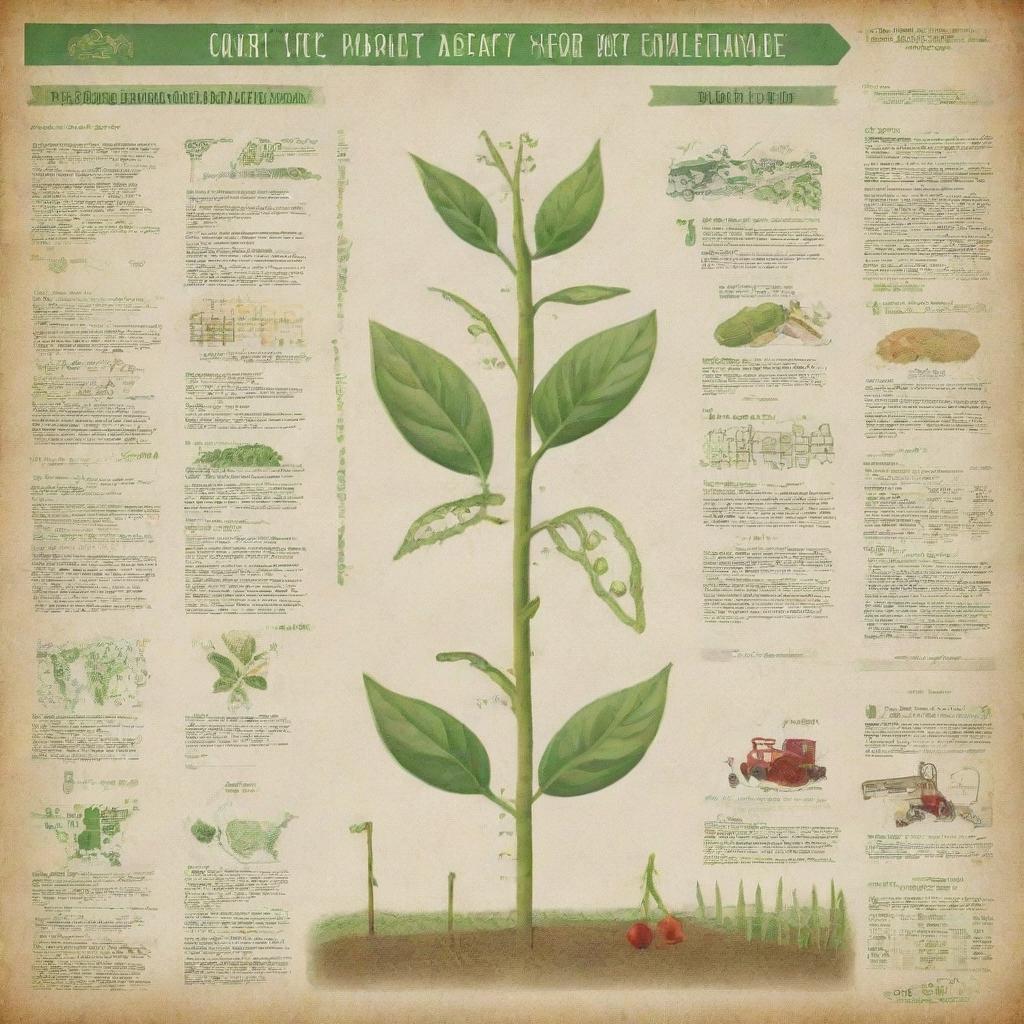 An informative and thematic poster illustrating the positive impact of genetic engineering on agriculture. Include DNA strands, healthy crops, farmers, and scientific equipment.