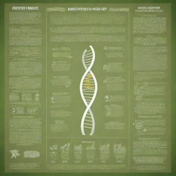 An informative and thematic poster illustrating the positive impact of genetic engineering on agriculture. Include DNA strands, healthy crops, farmers, and scientific equipment.